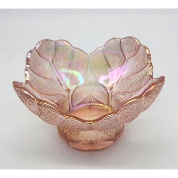 SMITH Pink Iridescent Carnival Glass Textured Cabbage Leaf Candle Holder Vtg - Picture 1 of 8